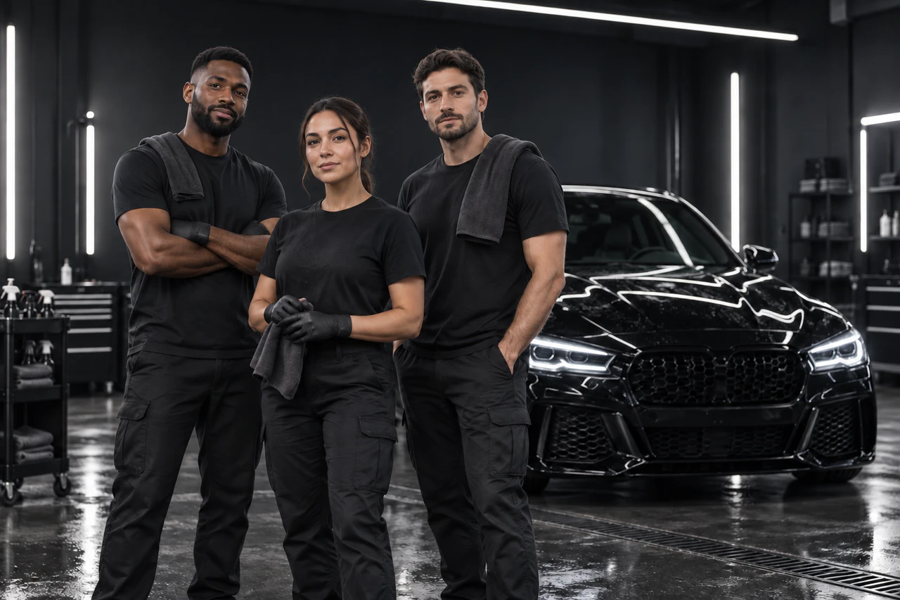 Equipe fictícia da Vellaro Studio em um estúdio automotivo escuro
