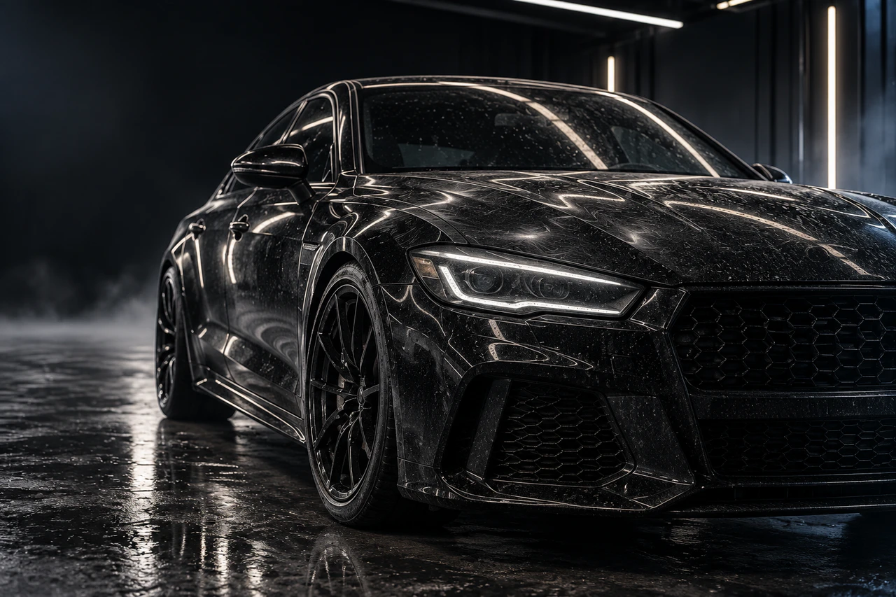 Pintura de carro preto antes do tratamento, com marcas e opacidade